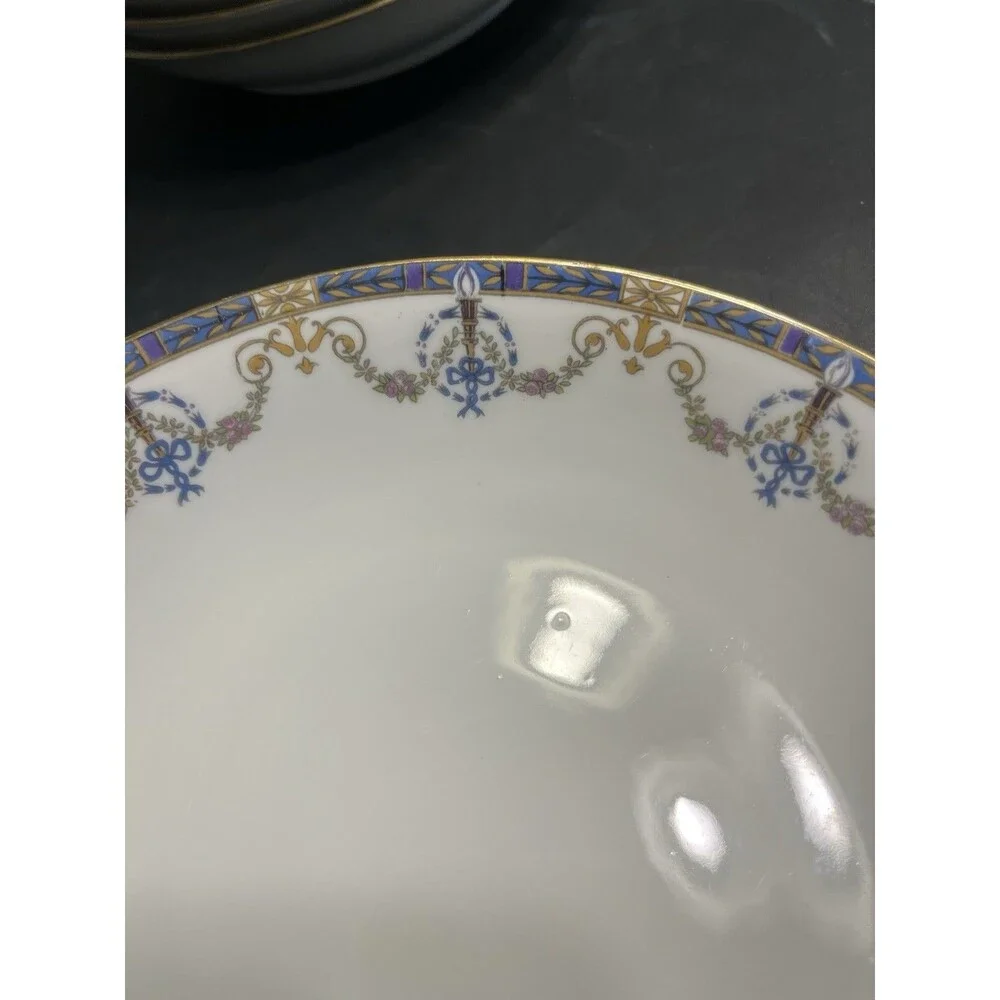 c1920’s Jean Pouyat Limoges Blue Ribbon Floral Garland Gold Rim 7.5” Soup Bowls